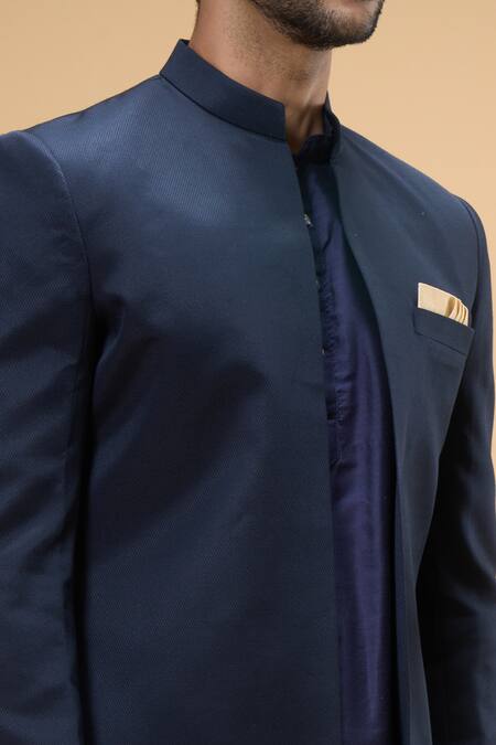 Buy_Spring Break_Blue Cotton, Silk Bandhgala Set _Online_at_Aza_Fashions