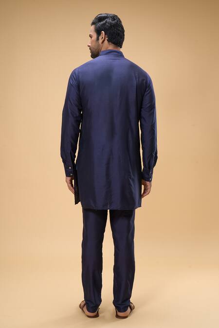 Shop_Spring Break_Blue Cotton, Silk Bandhgala Set _Online_at_Aza_Fashions