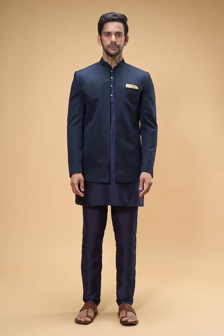 Spring Break_Blue Cotton, Silk Bandhgala Set _at_Aza_Fashions