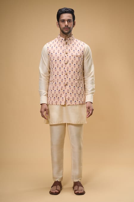 Buy_Spring Break_Peach Cotton, Silk Embroidery Floral Print Bundi And Kurta Set _Online_at_Aza_Fashions