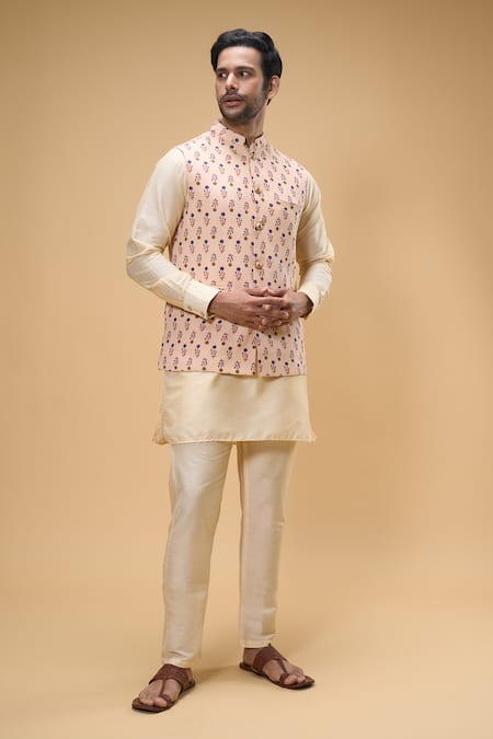 Shop_Spring Break_Peach Cotton, Silk Embroidery Floral Print Bundi And Kurta Set _Online_at_Aza_Fashions