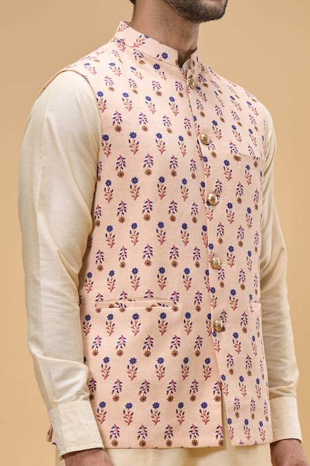 Spring Break_Peach Cotton, Silk Embroidery Floral Print Bundi And Kurta Set _at_Aza_Fashions