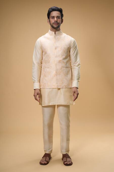 Shop Spring Break Yellow Cotton, Silk Embroidery Floral Woven Bundi And Kurta Set Online at Aza Fashions Shop_Spring Break_Yellow Cotton, Silk Embroidery Floral Woven Bundi And Kurta Set _Online_at_Aza_Fashions