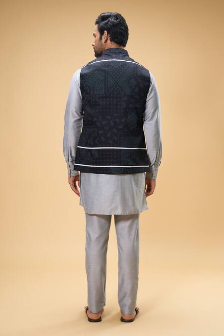 Shop_Spring Break_Black Cotton, Silk Paisley Print Bundi Set_at_Aza_Fashions