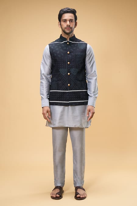 Shop_Spring Break_Black Cotton, Silk Paisley Print Bundi Set_Online_at_Aza_Fashions