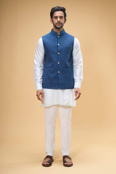 Spring Break_Blue Cotton Sleeveless Stripe Woven Nehru Jacket For Kids_Online_at_Aza_Fashions