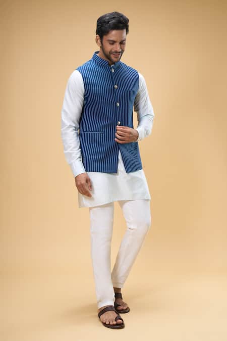 Buy_Spring Break_Blue Cotton Sleeveless Stripe Woven Nehru Jacket For Kids_Online_at_Aza_Fashions