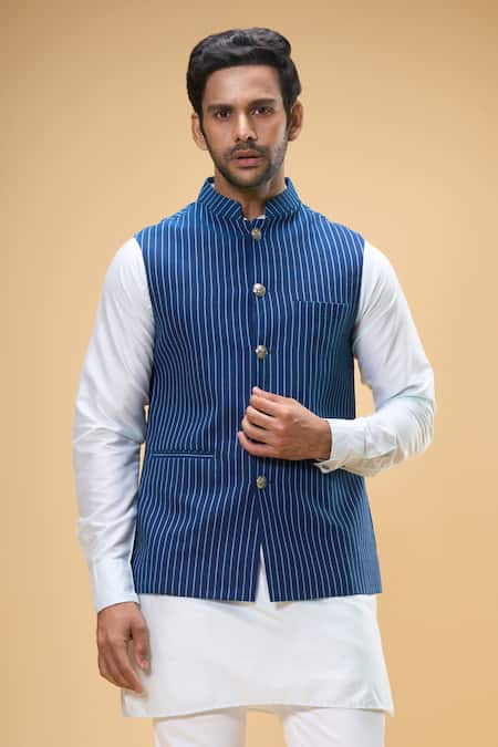 Shop_Spring Break_Blue Cotton Sleeveless Stripe Woven Nehru Jacket For Kids_Online_at_Aza_Fashions