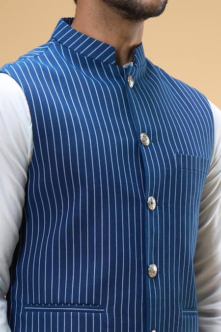 Spring Break_Blue Cotton Sleeveless Stripe Woven Nehru Jacket For Kids_at_Aza_Fashions