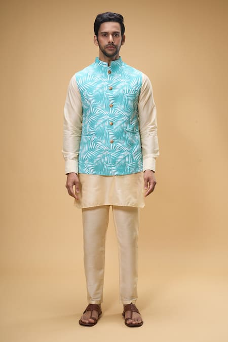 Shop_Spring Break_Green Cotton, Silk Tropical Print Bundi And Kurta Set _Online_at_Aza_Fashions