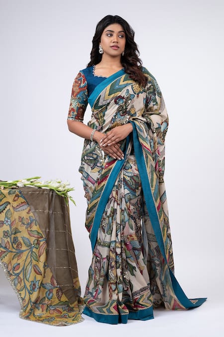 AAMRA BY LAVANYA Bharatanatyam Kalamkari Pattern Saree With Unstitched Blouse Piece 