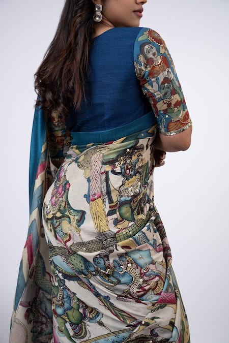 Shop_Aamra By Lavanya_Ivory Silk, Bharatanatyam Kalamkari Pattern Saree With Unstitched Blouse Piece _at_Aza_Fashions