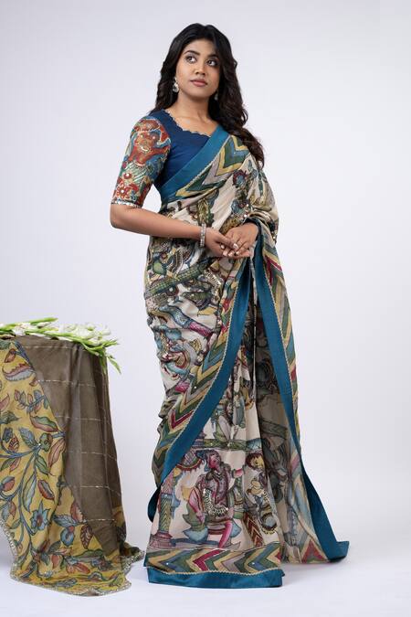Aamra By Lavanya_Ivory Silk, Bharatanatyam Kalamkari Pattern Saree With Unstitched Blouse Piece _Online_at_Aza_Fashions