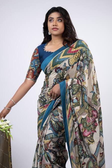 Buy_Aamra By Lavanya_Ivory Silk, Bharatanatyam Kalamkari Pattern Saree With Unstitched Blouse Piece _Online_at_Aza_Fashions