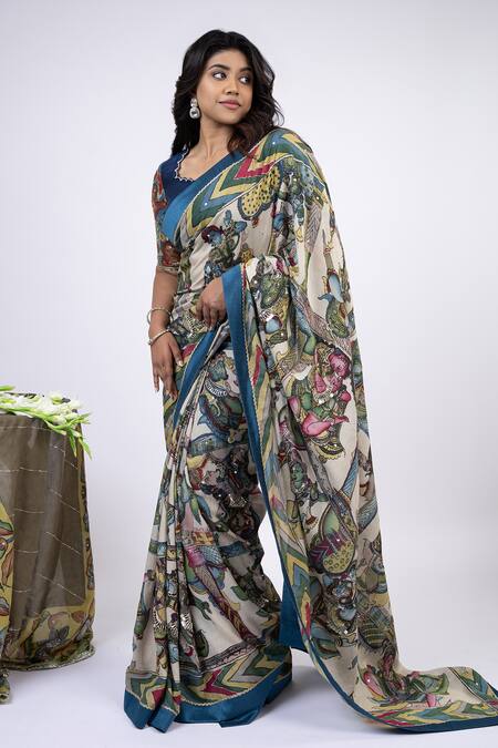 Shop_Aamra By Lavanya_Ivory Silk, Bharatanatyam Kalamkari Pattern Saree With Unstitched Blouse Piece _Online_at_Aza_Fashions