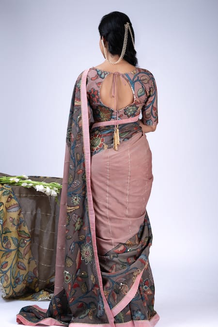 Shop Aamra By Lavanya Pink Silk Sequins, Kalamkari Hand Painted Saree With Unstitched Blouse Piece at Aza Fashions Shop_Aamra By Lavanya_Pink Silk Sequins, Kalamkari Hand Painted Saree With Unstitched Blouse Piece _at_Aza_Fashions