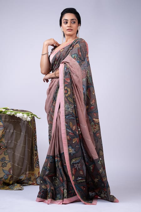 Aamra By Lavanya Pink Silk Sequins, Kalamkari Hand Painted Saree With Unstitched Blouse Piece Online at Aza Fashions Aamra By Lavanya_Pink Silk Sequins, Kalamkari Hand Painted Saree With Unstitched Blouse Piece _Online_at_Aza_Fashions