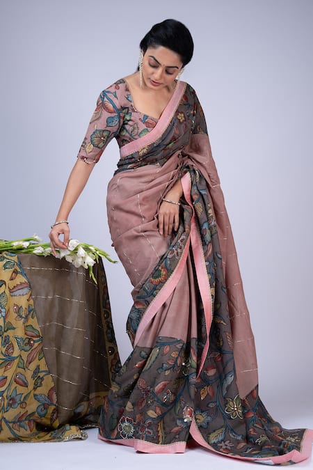 Aamra By Lavanya Pink Silk Sequins, Kalamkari Hand Painted Saree With Unstitched Blouse Piece at Aza Fashions Aamra By Lavanya_Pink Silk Sequins, Kalamkari Hand Painted Saree With Unstitched Blouse Piece _at_Aza_Fashions