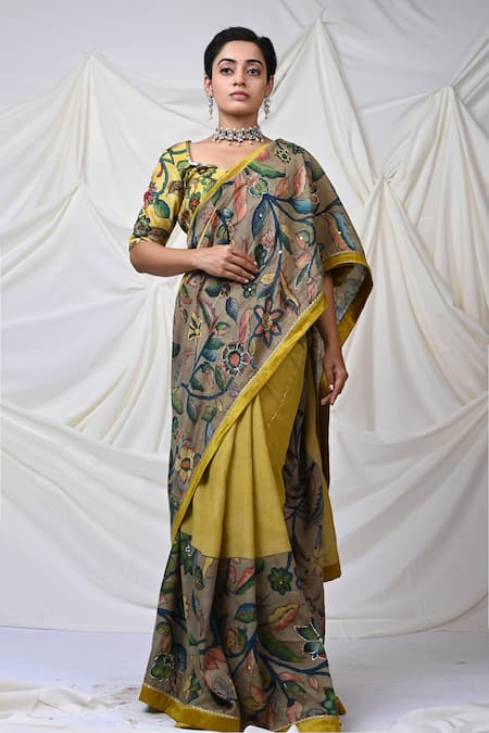 AAMRA BY LAVANYA Yellow Silk Hand Painted Floral Kalamkari Saree With Unstitched Blouse Piece 