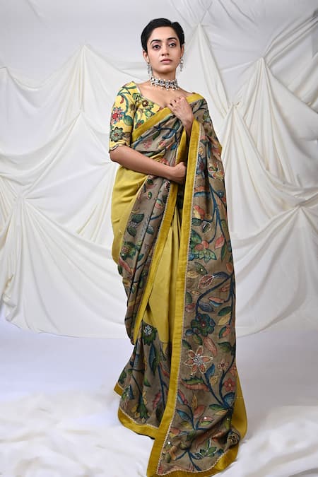 Buy Aamra By Lavanya Yellow Silk Floral Kalamkari Hand Painted Saree With Unstitched Blouse Piece Online at Aza Fashions Buy_Aamra By Lavanya_Yellow Silk Floral Kalamkari Hand Painted Saree With Unstitched Blouse Piece _Online_at_Aza_Fashions