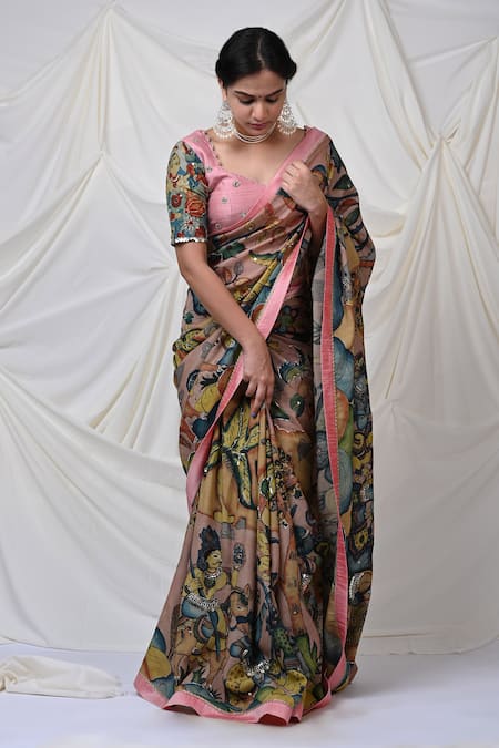 AAMRA BY LAVANYA Sena Kalamkari Hand Painted Saree With Unstitched Blouse Piece 