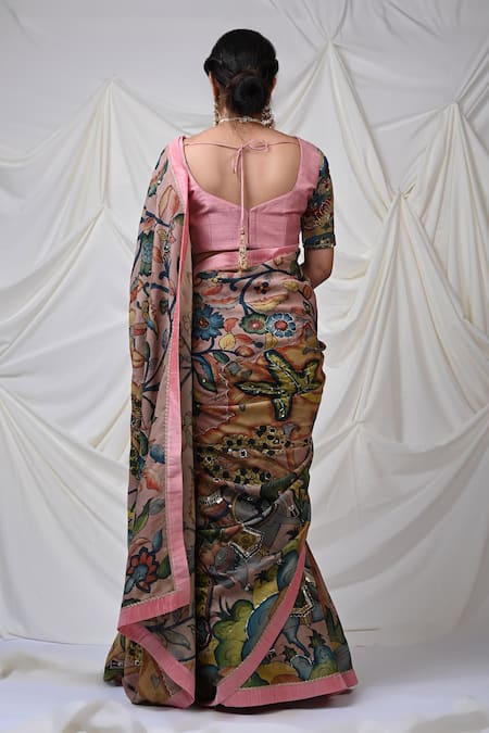 Shop_Aamra By Lavanya_Pink Silk, Ramie Sena Kalamkari Hand Painted Saree With Unstitched Blouse Piece _at_Aza_Fashions