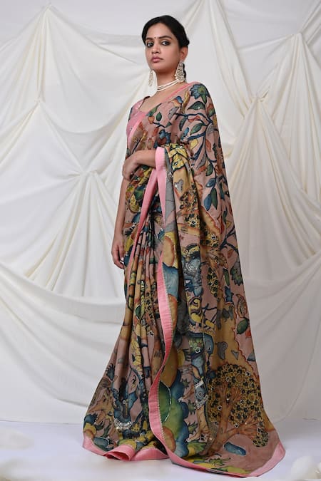 Aamra By Lavanya_Pink Silk, Ramie Sena Kalamkari Hand Painted Saree With Unstitched Blouse Piece _Online_at_Aza_Fashions