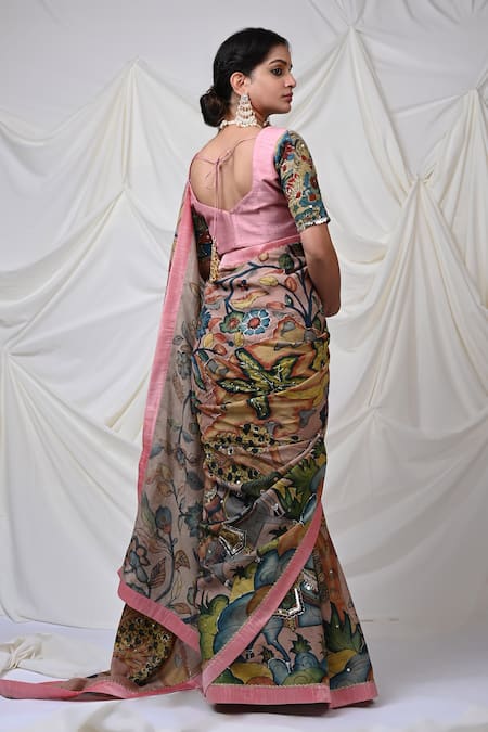 Buy_Aamra By Lavanya_Pink Silk, Ramie Sena Kalamkari Hand Painted Saree With Unstitched Blouse Piece _Online_at_Aza_Fashions