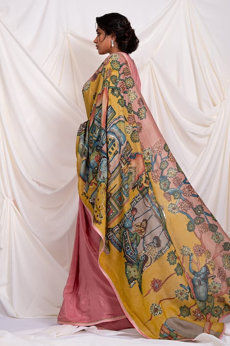 Shop_Aamra By Lavanya_Yashoda And Lord Krishna Kalamkari Hand Painted Saree With Unstitched Blouse Piece _at_Aza_Fashions