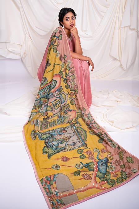 Buy_Aamra By Lavanya_Yashoda And Lord Krishna Kalamkari Hand Painted Saree With Unstitched Blouse Piece _Online_at_Aza_Fashions
