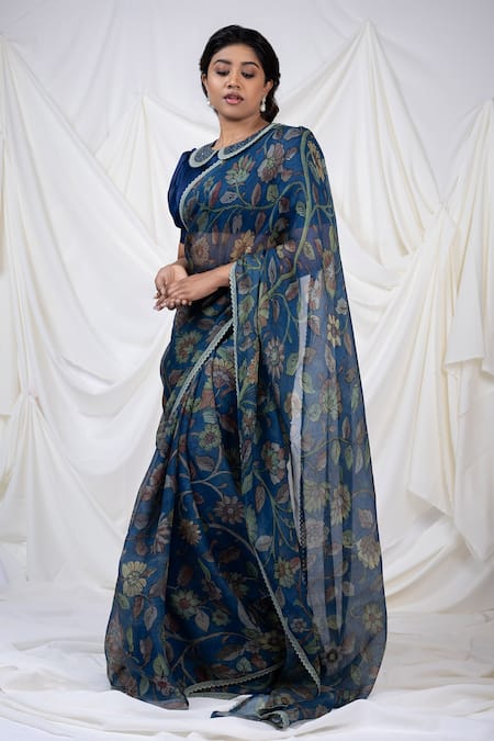 Shop_Aamra By Lavanya_Blue Organza, Kota Kalamkari Hand Painted Saree With Unstitched Blouse Piece _at_Aza_Fashions