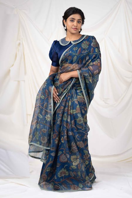 Aamra By Lavanya_Blue Organza, Kota Kalamkari Hand Painted Saree With Unstitched Blouse Piece _Online_at_Aza_Fashions