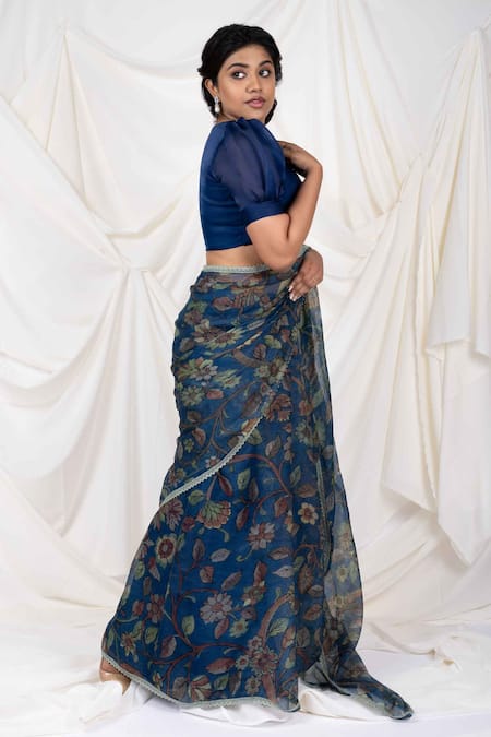 Buy_Aamra By Lavanya_Blue Organza, Kota Kalamkari Hand Painted Saree With Unstitched Blouse Piece _Online_at_Aza_Fashions
