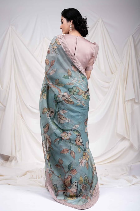 Shop_Aamra By Lavanya_Blue Organza, Bird Cage Theme Hand Painted Saree With Unstitched Blouse Piece _at_Aza_Fashions