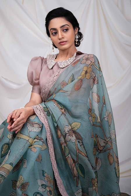 Aamra By Lavanya_Blue Organza, Bird Cage Theme Hand Painted Saree With Unstitched Blouse Piece _Online_at_Aza_Fashions