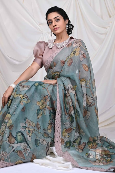 Buy_Aamra By Lavanya_Blue Organza, Bird Cage Theme Hand Painted Saree With Unstitched Blouse Piece _Online_at_Aza_Fashions