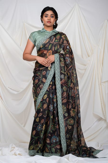 AAMRA BY LAVANYA Floral Blossom Kalamkari Pattern Saree With Unstitched Blouse Piece 