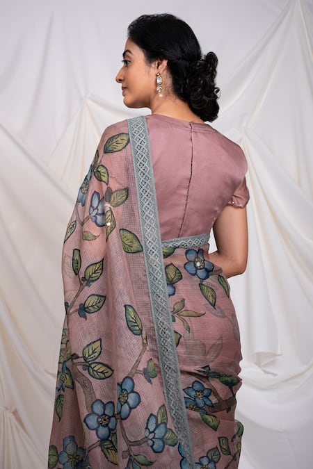 Shop_Aamra By Lavanya_Pink Organza, Flower And Bird Kalamkari Pattern Saree With Unstitched Blouse Piece _at_Aza_Fashions