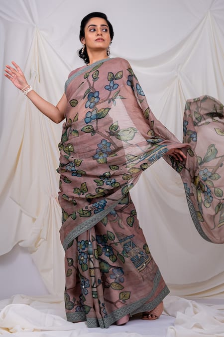 Aamra By Lavanya_Pink Organza, Flower And Bird Kalamkari Pattern Saree With Unstitched Blouse Piece _at_Aza_Fashions