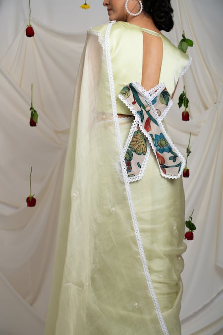 Shop_Aamra By Lavanya_Yellow Satin, Scattered Butti Embroidered Saree With Unstitched Blouse Piece _at_Aza_Fashions