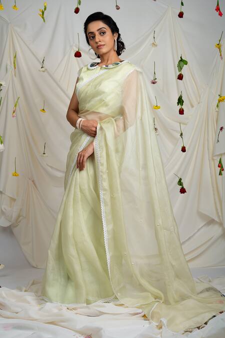 Aamra By Lavanya_Yellow Satin, Scattered Butti Embroidered Saree With Unstitched Blouse Piece _Online_at_Aza_Fashions