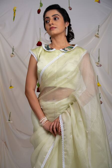 Buy_Aamra By Lavanya_Yellow Satin, Scattered Butti Embroidered Saree With Unstitched Blouse Piece _Online_at_Aza_Fashions