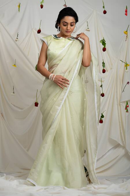 Shop_Aamra By Lavanya_Yellow Satin, Scattered Butti Embroidered Saree With Unstitched Blouse Piece _Online_at_Aza_Fashions