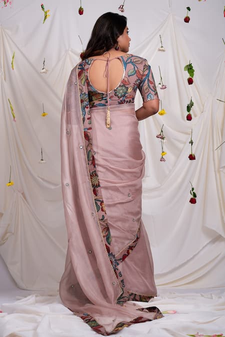 Shop_Aamra By Lavanya_Pink Silk, Kota Kalamkari Hand Painted Border Saree With Unstitched Blouse Piece _at_Aza_Fashions