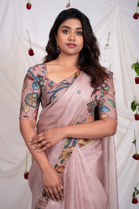 Buy_Aamra By Lavanya_Pink Silk, Kota Kalamkari Hand Painted Border Saree With Unstitched Blouse Piece _Online_at_Aza_Fashions
