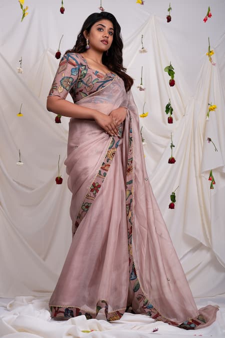 Shop_Aamra By Lavanya_Pink Silk, Kota Kalamkari Hand Painted Border Saree With Unstitched Blouse Piece _Online_at_Aza_Fashions