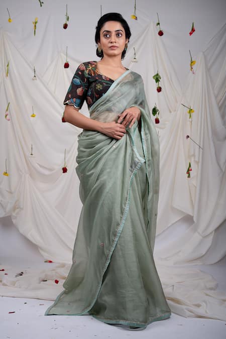 AAMRA BY LAVANYA Green Silk Placement Embroidery Butti Work Saree With Unstitched Blouse Piece 