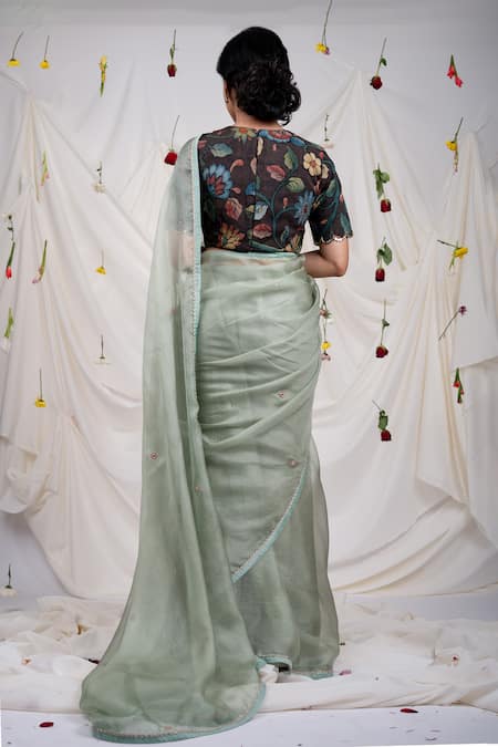 Shop_Aamra By Lavanya_Green Silk, Kota Doria Embroidery Butti Work Saree With Unstitched Blouse Piece _at_Aza_Fashions