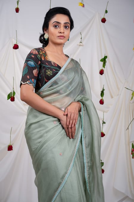Buy_Aamra By Lavanya_Green Silk, Kota Doria Embroidery Butti Work Saree With Unstitched Blouse Piece _Online_at_Aza_Fashions