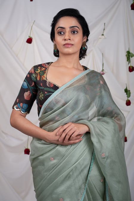 Shop_Aamra By Lavanya_Green Silk, Kota Doria Embroidery Butti Work Saree With Unstitched Blouse Piece _Online_at_Aza_Fashions